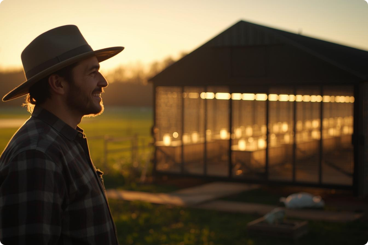 um avicultor com uma produção lucrativa, feliz olhando para o seu galpão de poedeiras no sistema caipira, galinha caipira